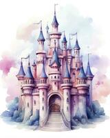 AI generated Colorful watercolor kawaii castle isolated on white background. AI Generated photo