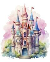 AI generated Colorful watercolor kawaii castle isolated on white background. AI Generated photo