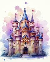 AI generated Colorful watercolor kawaii castle isolated on white background. AI Generated photo