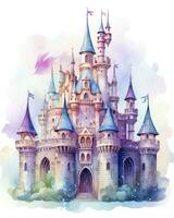 AI generated Colorful watercolor kawaii castle isolated on white background. AI Generated photo