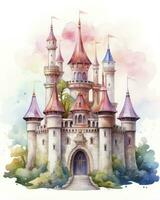 AI generated Colorful watercolor kawaii castle isolated on white background. AI Generated photo