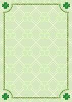 St Patricks Day vertical rectangular frame with shiny gold beads, lucky four leaves shamrocks in the corners. Thin geometric ornament on light colored background. Template for menu, poster, invitation vector