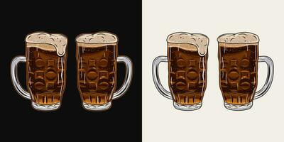 Full glass of dark beer. Mug with handle and overflowing beer foam. Filtered transparent beverage. Vintage illustration on black, white background. vector