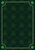 St Patricks Day vertical rectangular frame with shiny gold beads, lucky four leaves shamrocks in the corners. Thin geometric ornament on dark background. Template for menu, poster, invitation vector