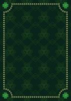 St Patricks Day vertical rectangular frame with shiny gold beads, lucky four leaves shamrocks in the corners. Thin geometric ornament on dark background. Template for menu, poster, invitation vector