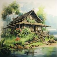 AI generated A watercolored bright serene image of a traditional bahay kubo. AI Generated photo