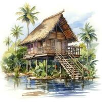 AI generated A watercolored bright serene image of a traditional bahay kubo. AI Generated photo