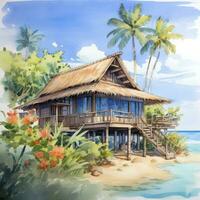 AI generated A watercolored bright serene image of a traditional bahay kubo. AI Generated photo