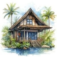 AI generated A watercolored bright serene image of a traditional bahay kubo. AI Generated photo