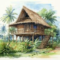 AI generated A watercolored bright serene image of a traditional bahay kubo. AI Generated photo