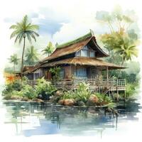 AI generated A watercolored bright serene image of a traditional bahay kubo. AI Generated photo