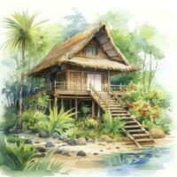 AI generated A watercolored bright serene image of a traditional bahay kubo. AI Generated photo