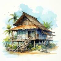 AI generated A watercolored bright serene image of a traditional bahay kubo. AI Generated photo