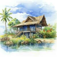 AI generated A watercolored bright serene image of a traditional bahay kubo. AI Generated photo