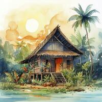 AI generated A watercolored bright serene image of a traditional bahay kubo. AI Generated photo