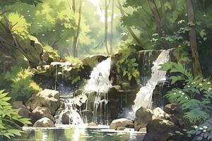 AI generated Watercolor scene of a cascading waterfall surrounded by rainforest. AI Generated. photo