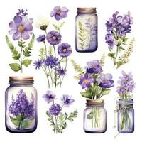 AI generated Collection of watercolor mason jars with purple flowers clipart. AI Generated photo