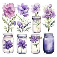 AI generated Collection of watercolor mason jars with purple flowers clipart. AI Generated photo