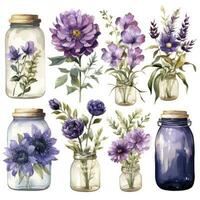 AI generated Collection of watercolor mason jars with purple flowers clipart. AI Generated photo