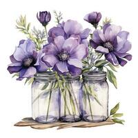 AI generated Collection of watercolor mason jars with purple flowers clipart. AI Generated photo