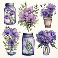 AI generated Collection of watercolor mason jars with purple flowers clipart. AI Generated photo