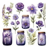 AI generated Collection of watercolor mason jars with purple flowers clipart. AI Generated photo