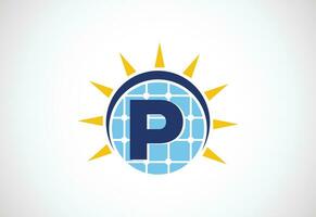 English alphabet P with solar panel and sun sign. Sun solar energy logo vector illustration