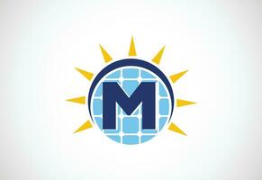 English alphabet M with solar panel and sun sign. Sun solar energy logo vector illustration