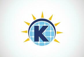 English alphabet K with solar panel and sun sign. Sun solar energy logo vector illustration