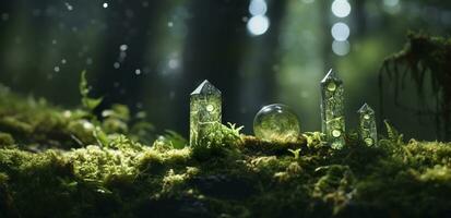 AI generated Crystals with moon phases image of moss in a mysterious forest, natural background. Generative AI photo