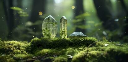 AI generated Crystals with moon phases image of moss in a mysterious forest, natural background. Generative AI photo