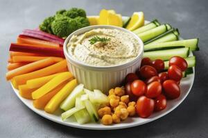 AI generated Crop shot of plate with colorful healthy sliced vegetables. AI Generated photo