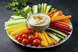 AI generated Crop shot of plate with colorful healthy sliced vegetables. AI Generated photo