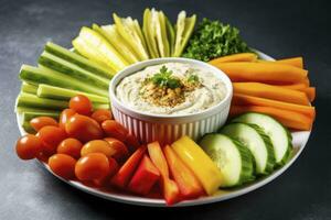 AI generated Crop shot of plate with colorful healthy sliced vegetables. AI Generated photo