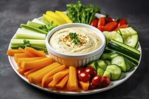 AI generated Crop shot of plate with colorful healthy sliced vegetables. AI Generated photo