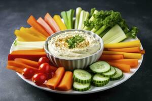 AI generated Crop shot of plate with colorful healthy sliced vegetables. AI Generated photo