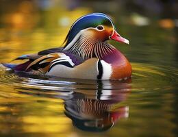 AI generated Closeup of mandarin duck swimming in lake. generative AI. photo