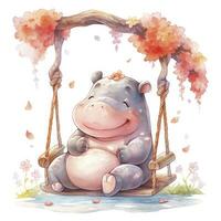 AI generated Cute happy baby rhino on swings in the tree in watercolor style. AI Generated photo