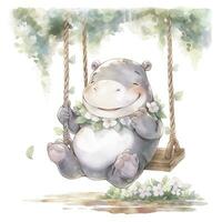 AI generated Cute happy baby rhino on swings in the tree in watercolor style. AI Generated photo