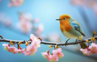 AI generated Cute little bird with a  nature background.  AI Generated. photo