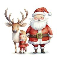 AI generated Cute Santa Claus standing with reindeer. AI Generated photo