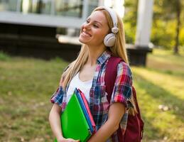 Female student with headphones enjoys listening music outdoor. photo