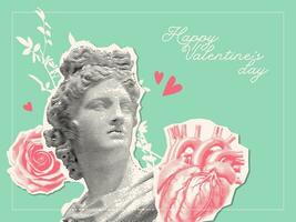 Happy Valentine's Day card in vintage paper collage style. Antique statue with halftone effect decorated by vector graphic elements of human heart and rose.