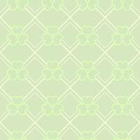 Geometric simple St Patricks day pattern with clover, shamrock leaves, squares, rhombuses. Pale, low contrast, light green background with thin lines, outline shapes. Classic square diagonal grid. vector
