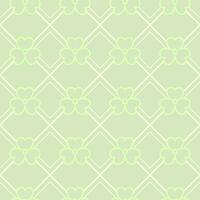 Geometric simple St Patricks day pattern with clover, shamrock leaves, squares, rhombuses. Pale, low contrast, light green background with thin lines, outline shapes. Classic square diagonal grid. vector