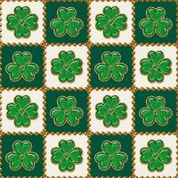 Geometric checkered plaid St Patricks day pattern with clover, shamrock like jewelry pendants made of green enamel in golden frame. Classic square grid. vector