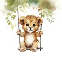 AI generated Cute happy baby lion on swings attached to the tree in watercolor style. AI Generated photo
