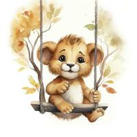 AI generated Cute happy baby lion on swings attached to the tree in watercolor style. AI Generated photo