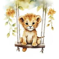 AI generated Cute happy baby lion on swings attached to the tree in watercolor style. AI Generated photo
