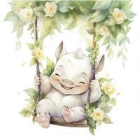 AI generated Cute happy baby rhino on swings in the tree in watercolor style. AI Generated photo